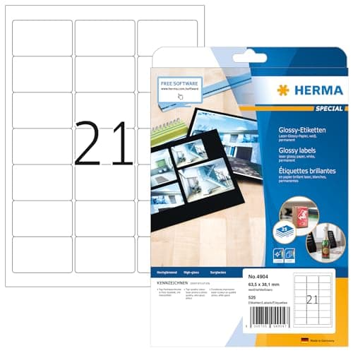Image of HERMA Self Adhesive High Gloss Labels, 21 Labels per A4 Sheet, 25 Sheets, 63.5 x 38.1 mm, 525 Labels, Blank Photo Quality Labels Stickers, Sticky Labels for Laser Printer, White