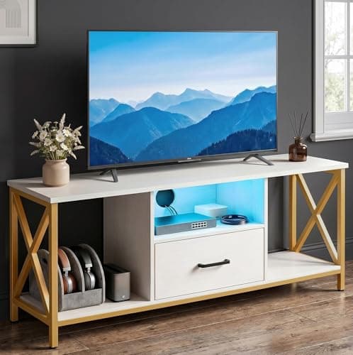 Image of Blisswood 112cm Modern LED TV Stand with RGB Lights, TV Unit for 43–50 Inch TVs, White Media Console Entertainment Centre with Drawer & Open Shelf Storage, Metal Frame Cabinet for Living Room Bedroom