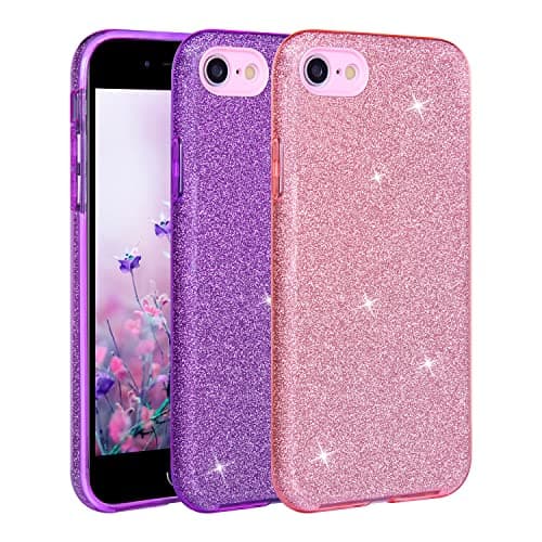 Image of wisdompro 2 Pack Glitter Case for iPhone SE 2022/SE 2020, iPhone 8, iPhone 7, Cute Bling Sparkly Protective Case, Women Girls Slim Phone Cover for iPhone SE3/SE2/8/7(4.7 Inch) - Pink + Purple