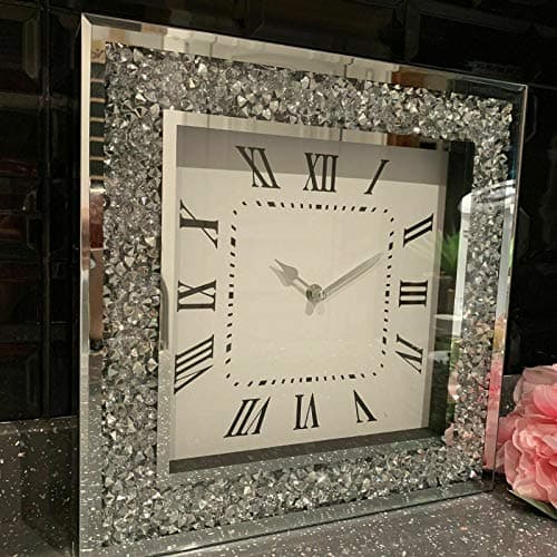 Image of DEENZ Extra Large Loose Diamante Wall Clock Elegant Luxury Diamond Crystal Mirror Crushed Jewel Roman Wall Clock For Home Office Living Room Bedroom Decoration-50X50cm silver
