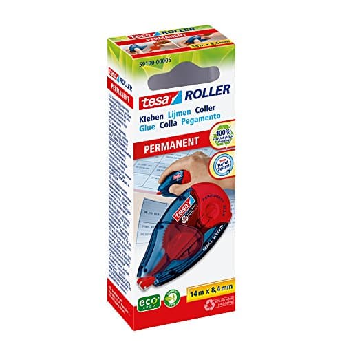 Image of tesa Roller Permanent Gluing ecoLogo - Refillable Permanent Tape Dispenser Glue Roller, Tape Size 14 m x 8.4 mm