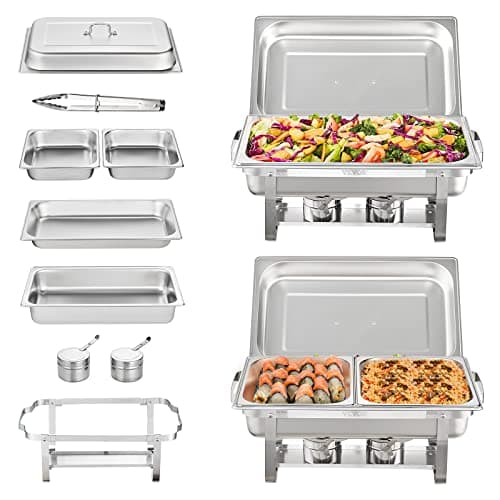 Image of VEVOR Chafing Dish Buffet Set, 8 Qt 2 Pack, Stainless Chafer with 2 Full & 4 Half Size Pans, Rectangle Catering Warmer Server with Lid Water Pan Folding Stand Fuel Tray Holder Clip, at Least 8 People