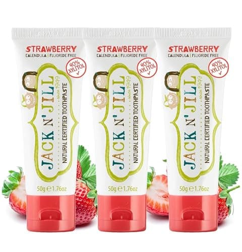 Image of Jack N’ Jill Natural Certified Kids Toothpaste – Fluoride-Free Toddler & Baby Toothpaste with 40% Xylitol, No Sugar, Suitable from 6 Months+, Organic Strawberry Flavour, Pack of 3 (50g Each)
