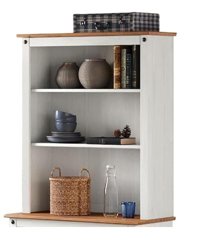 Image of Corona Buffet Welsh Dresser Top Small Hutch White Wax Painted Solid Wood Pine Wooden Kitchen Shelves Shelving Sideboard Topper Open Unit Shabby Chic Dining Room 100cm High 87cm Wide 27cm Deep