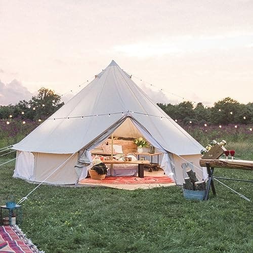 Image of Cozy House Outdoor Waterproof Four Seasons Family Camping Cotton Canvas Bell Tent with Meshed Door and Windows (Diameter 4M)
