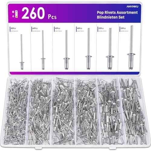 Image of ANVINKU 260PCS Pop Rivets Assortment, Aluminum Blind Rivet Set, M3.2/M4/M4.8 Rivets for Metal, Furniture & Marine Construction