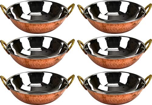 Image of 6X Premium Hammered Copper & Stainlees Steel Serving Balti Dish Bowl Wok with Brass Handles (13cm)