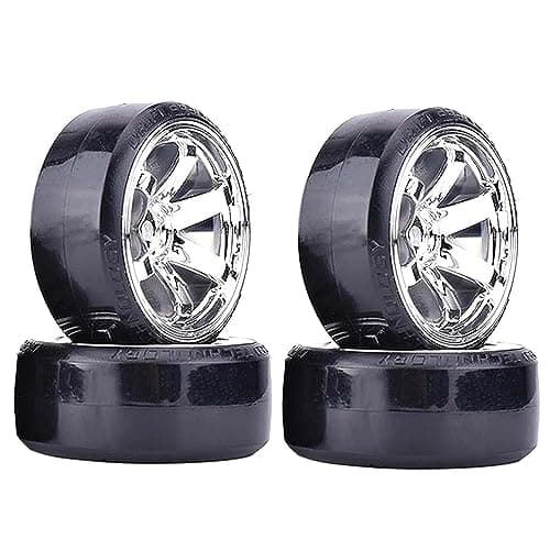Image of KINGCOO RC Drift Car Wheel and Tyre, 4PCS 63mm Hard Tires Plastic Wheel Rims for 1/10 On-Road Racing Drifting Car Spare Parts for HSP Tamiya HPI Kyosho(Silver)