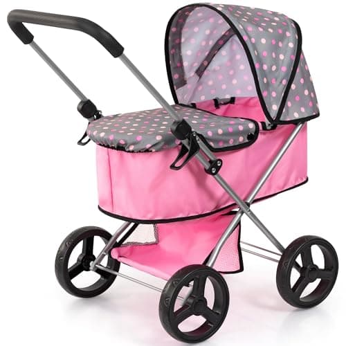 Image of Bayer Go Baby Dolls Pram - Foldable Pushchair with Storage Basket, Carrycot Cover for Doll Up to 46cm - Dolls Pram for 3 Year Olds, Girls, Boys, Toddler Toy 3-6 Years - Polka Dot Grey, Pink Stroller