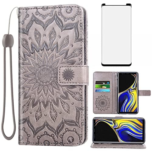 Image of Asuwish Phone Case for Samsung Galaxy Note 9 Wallet with Tempered Glass Screen Protector and Leather Slim Flip Cover Card Holder Stand Cell Accessories Galaxies Note9 Gaxaly Glaxay Not Women Men Gray