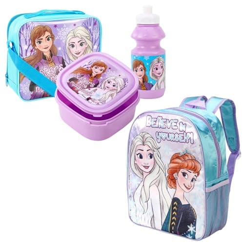 Image of Verona Originals Character 4 Piece Set -Boys Girls Kids Backpack with Side Pocket School Bag + Lunch Bag + Lunch Box Sandwich Box +Water Bottle (Frozen Backpack & Lunch Bag Set 2)