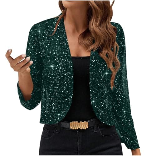 Image of Summer Jackets For Women Uk Womens Lightweight Jackets Thin Shrug Party Evening Autumn Clothing Green Long Sleeve Shiny Print Ladies Winter Coat Soft Elegant Kimono Open Front Light Cardigan