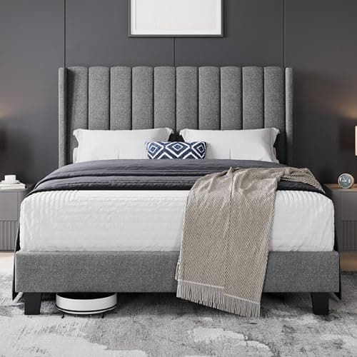 Image of Yaheetech King Bed Frame, Upholstered Platform Bed with Channel Tufted Headboard & Wing Side, Wood Slat Support, Mattress Foundation, No Box Spring Needed, Noise-free, 5ft King Bed Light Grey