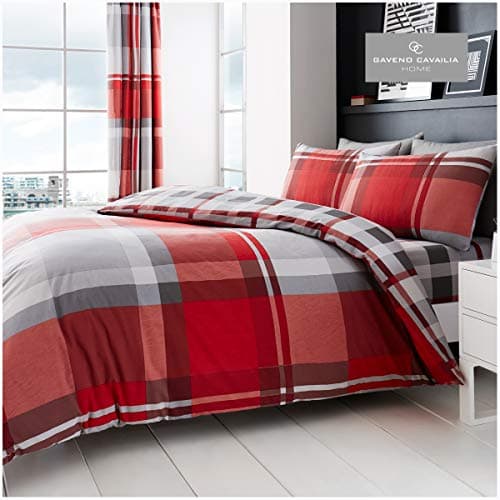 Image of Gaveno Cavailia Waverly Check Luxurious Bed Set with Duvet Cover and Pillow Cases, Polyester-Cotton, Double - Red