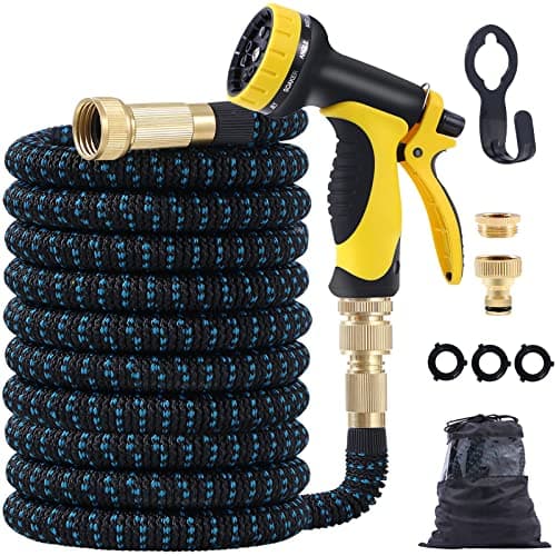 Image of Expandable Garden Hose, 25ft Flexible Water Hose Pipe with 1/2" & 3/4" Solid Brass Fittings, 10 Functions Spray Gun, Triple Latex Core, No-Kink, Leak-Proof