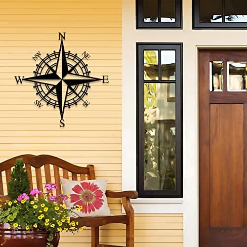 Image of ruelen 43CM Metal Decorative Nautical Compass Wall Decor, Round Metal Compass Wall Art Nautical Wall Decor for Living Room Bedroom Office Garden Farmhouse Beach Theme Home Decoration (Black)