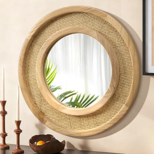 Image of JJUUYOU Wooden Mirror Circle Mirrors for Wall 50 CM Circular Hanging Mirrors with Wood Frame for Living Room Bathroom Vanity Entryway Hallway