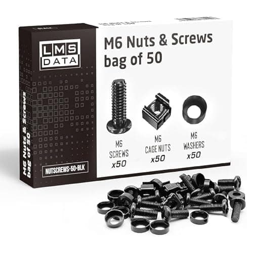 Image of LMS Data M6 Cage Nuts Screws and Washers PACK 50 sets -Assortment Nuts Washers and Bolts Kit for Rack Mount Data Cabinets, Server Shelves Fixing and Installation (Black 50)