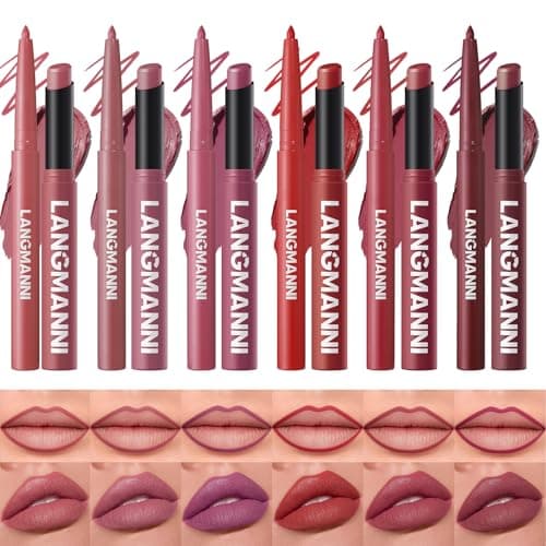 Image of LANGMANNI 12Pcs Sculpting Matte Velvet Lip Set,Deep Colors Velvet Set| 6 Lip Liners + 6 Lipsticks, Soft-Focus Blur & Longwear | Gift for Makeup Lovers(#B)