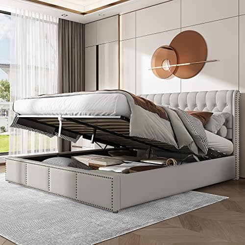 Image of Merax Upholstered Bed Frame with Hydraulic Lift, 6FT Super King Size Bed Frame with Storage, Functional Ottoman Bed, Sturdy Construction, Without Mattress, Elegant Linen Finish, Light Grey, 180x200cm