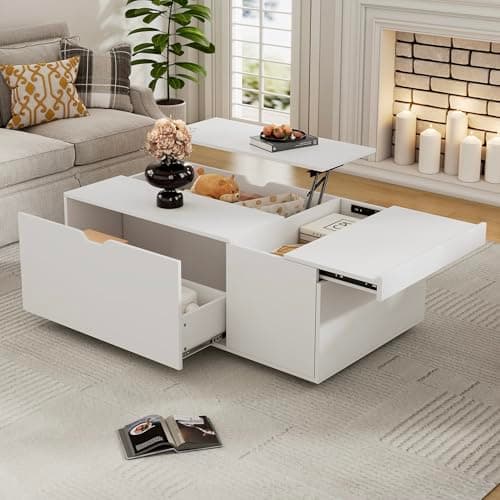 Image of BTM Lift Up Coffee Table with Drawer, Wooden Coffee Table with Storage for Living Room Furniture, White, 65x117x56cm