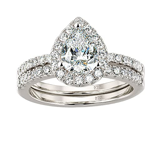 Image of SweetJew Pear Shaped Halo Elegant Wedding Rings for Womens Engagement Rings 925 Sterling Silver AAAAA CZ Size T