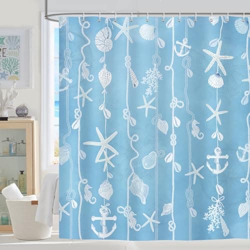 Image of Dazzlewall Nautical Shower Curtain, Blue Sea Starfish Waterproof Bathroom Curtain 180x180cm, Mildew and Mould Resistant Polyester Fabric with 12 Hooks