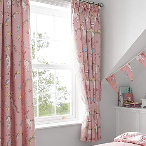 Image of Happy Linen Company Girls Kids Unicorns Rainbows Pink 66" x 54" Fully Lined Pencil Pleat Curtain Set