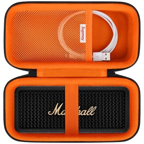Image of Supmay Hard Carrying Case for Marshall Emberton II/III Portable Bluetooth Speaker, Wireless Speaker Protection Case with Mesh Pocket for USB-C Charging Cable, Black+Orange