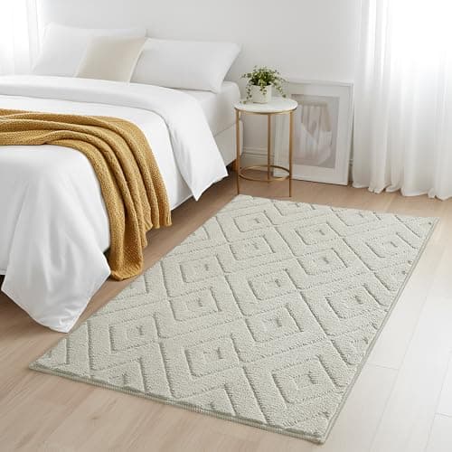 Image of BedLooms Small Rugs for Living Room 60x110 cm Cream Hollow Square Pattern Machine Washable Bedside Area Rugs Anti Slip Carpet High and Low Pile Rug for Bedroom Kids Room Non-Shedding