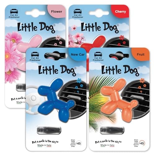 Image of Little Dog Car Air Freshener By Little Joe, 45-Day Long-Lasting Fragrance, Strong Scented Novelty Dog Vent Clip for Car Interior Home & Office - 4 Pack Mix (New Car, Cherry, Fruit, Flower)