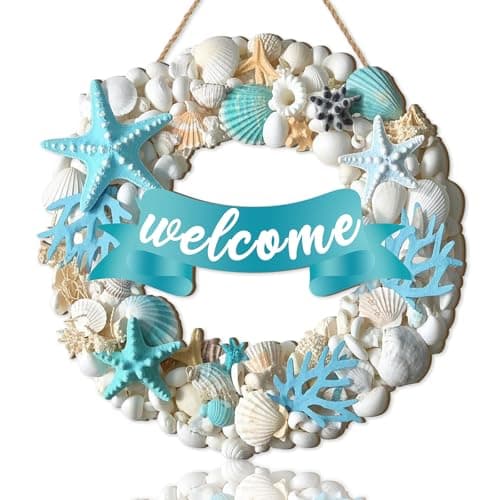 Image of TOARTi Beach Welcome Wall Sign Summer Welcome Hanging Plaque for Front Door 11x11inch Shell Wooden Signs Wall Decor Funny Summer for Home Front Door Porch