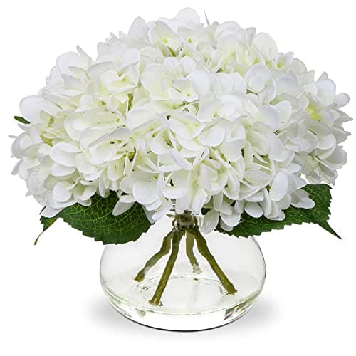 Image of Oairse Hydrangea Artificial Flowers with Vase Silk Fake Hydrangea Flower in Glass Vase with Faux Water Real Touch White Faux Flower Arrangement for Home Bathroom Wedding Table Centerpiece Decoration