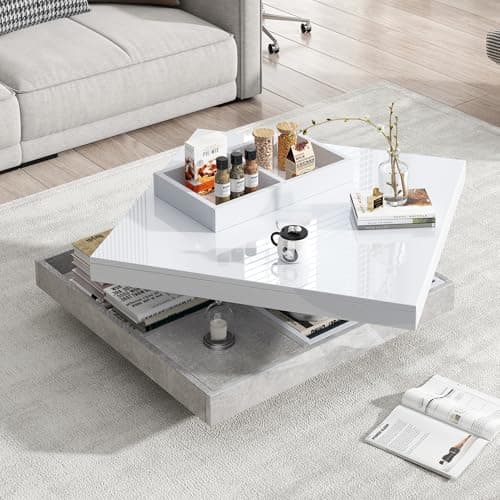 Image of Merax 360° Rotating Coffee Table, High-Gloss White & Grey Living Room Table with Storage Compartments, Double-Layer Square Sofa Table, Particleboard, Marble-Style Base,70x70x36cm