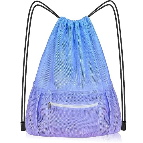 Image of Mesh Drawstring Bag with Zipper Pocket, Beach Bag for Swimming Gear Backpack Gym Storage Bag for Adult Kids