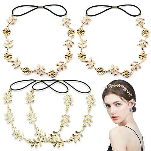 Image of Paotxpum 4 Pieces Elastic Flower Head Chains Gold Leaves Headbands for Women Metal Chain Hair Band Head Pieces Wedding Hair Jewelry Festival Prom Wedding Headpiece