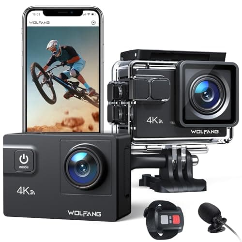 Image of WOLFANG Action Camera 4K 60FPS 24MP GA300, WiFi 8X Zoom EIS Vlogging Camera, 40M Waterproof Underwater Camera for Snorkeling, External Mic, Remote Control and Helmet Accessories Kit for Cycling