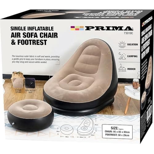 Image of 2 Piece Single Inflatable Air Sofa Chair & Footrest - Indoor Blow up Lounger Chairs for Adults & Children | For Vacation, Home & Camping - Gaming Chair, Movies & Reading - 95 x 85 x 80cm