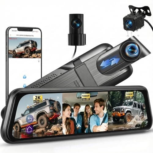 Image of OiLiehu 9.66" 2K Mirror Dash Cam, Smart Rear View Mirror Camera, 2K+1080P+1080P Dash Cam Front and Rear Inside Triple Cameras, Night Vision, Parking Assist, G-sensor, Loop Record, APP Control, BSD