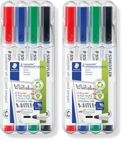 Image of STAEDTLER 341 WP4 Lumocolor Compact Whiteboard Marker, 1-2mm Line Width - 4 Assorted Colours (Pack of 8)