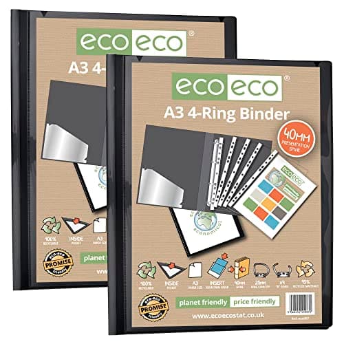 Image of eco-eco A3 95% Recycled 4-D Portrait Ring Binder File Folder Black, Artwork Portfolio, Pack of 2 Folders, eco087x2