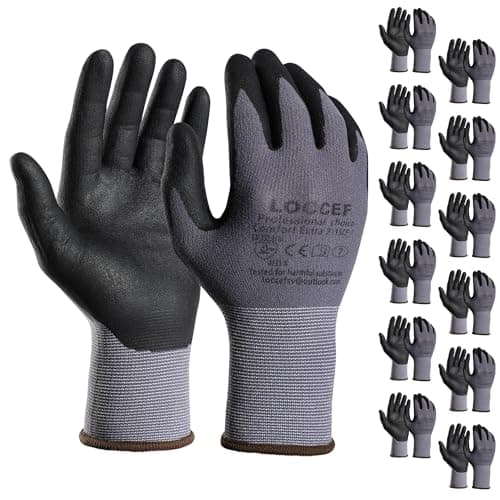 Image of LOCCEF Safety Work Gloves MicroFoam Nitrile Coated-12 Pairs,Seamless Knit Nylon, Home Improvement,Micro-Foam Gloves (10/XL, Grey-12 Pairs)