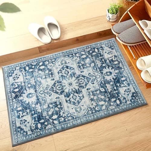 Image of Hafaa Machine Washable Bedside Small Rug 40x60 cm - Soft Short Pile Blue Area Rugs For Bedroom Entrway Non Slip Floor Carpet Traditional Vintage Design Cashmere Door Mat For Kitchen Bathroom, Tranquil