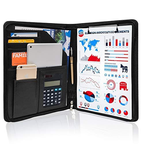 Image of GraduationMall A4 Portfolio Folder with Clipboard, Zippered Document Organizer for Business, Conference, Interview, Resume and Legal Document Holder Black