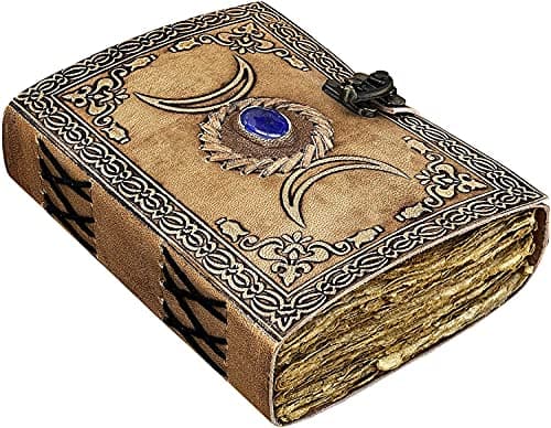 Image of ALCRAFT Vintage Leather Celtic Triple Moon Grimoire Book of Shadows Spellbook Journal for Men Women, Wicca Wiccan Pagan Witchcraft Writing Notebook, Blank Unlined Pages