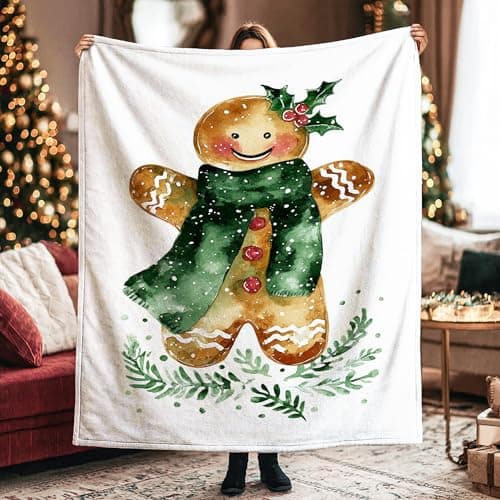 Image of Gingerbread Throw Blanket, Christmas Fanciful Scarf Holly Christmas Brown Fuzzy Blanket Compact Decorative Aesthetic for Couch Sofa Bed Office Chair Recliner 40x50 Inch