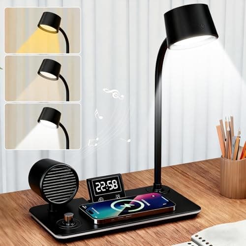Image of Desk Lamp with Wireless Charging, 4 in 1 LED Touch Smart Table Lamp with Bluetooth Speaker and Alarm Clock, 3 Light Modes Dimmable Eye-Caring Reading Lamp, 360° Rotating Gooseneck for Reading, Working
