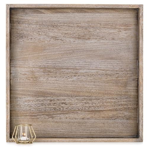 Image of Hanobe Serving Tray Ottoman Large: Wooden Decorative Trays for Living Room over Footstool - Square Rustic Brown Extra XXL Wood Platter Coffee Table Decor Display 56cm