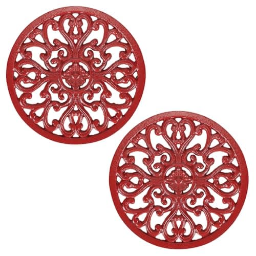 Image of SUMTree 2 PCS 6.7" Round Cast Iron Trivets, Decorative Heavy Duty Hot Pot Holder Mat, Vintage Flower Pattern Cast Iron Trivet with Rubber Pegs for Kitchen Worktops Dining Table (Red)