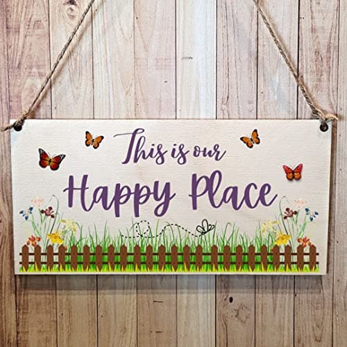 Image of Second Ave This Is Our Happy Place Wooden Hanging Gift Friendship Rectangle Home Garden Shed Sign Plaque